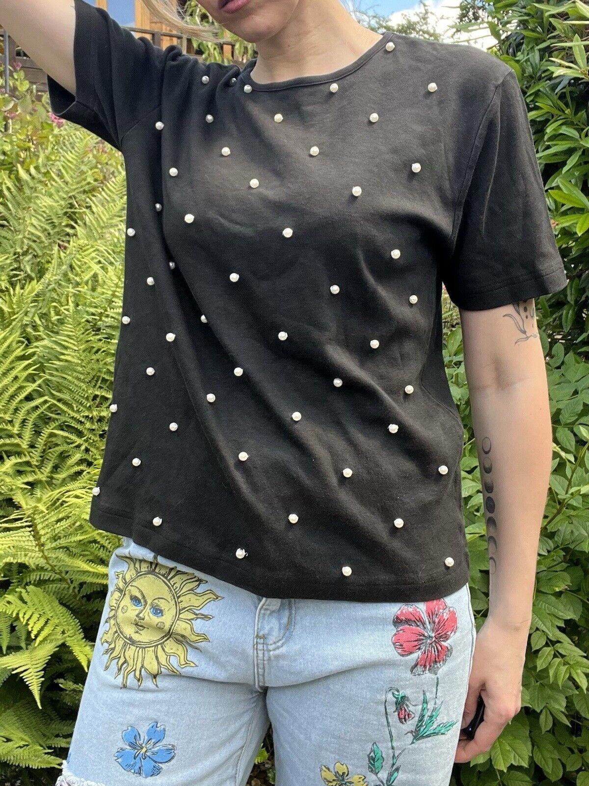 Vintage 1980s Tshirt Top By SK & Company With Faux Pearl Detail Size M 12 14