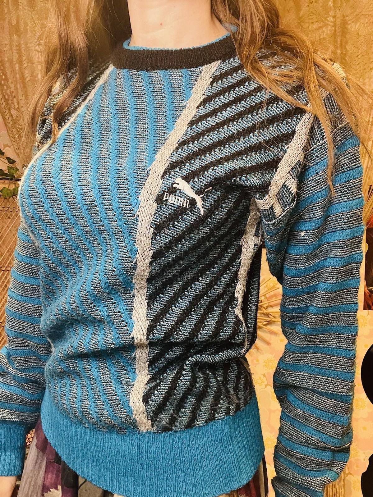 Vintage 1980s Puma Jumper Retro Sports Knit Sweater Blue Striped Size 10