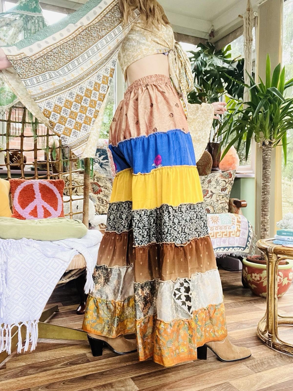 Wide Leg Trousers Vintage Patchwork Layered Sari Silk Hippie Boho Gypsy Pants M