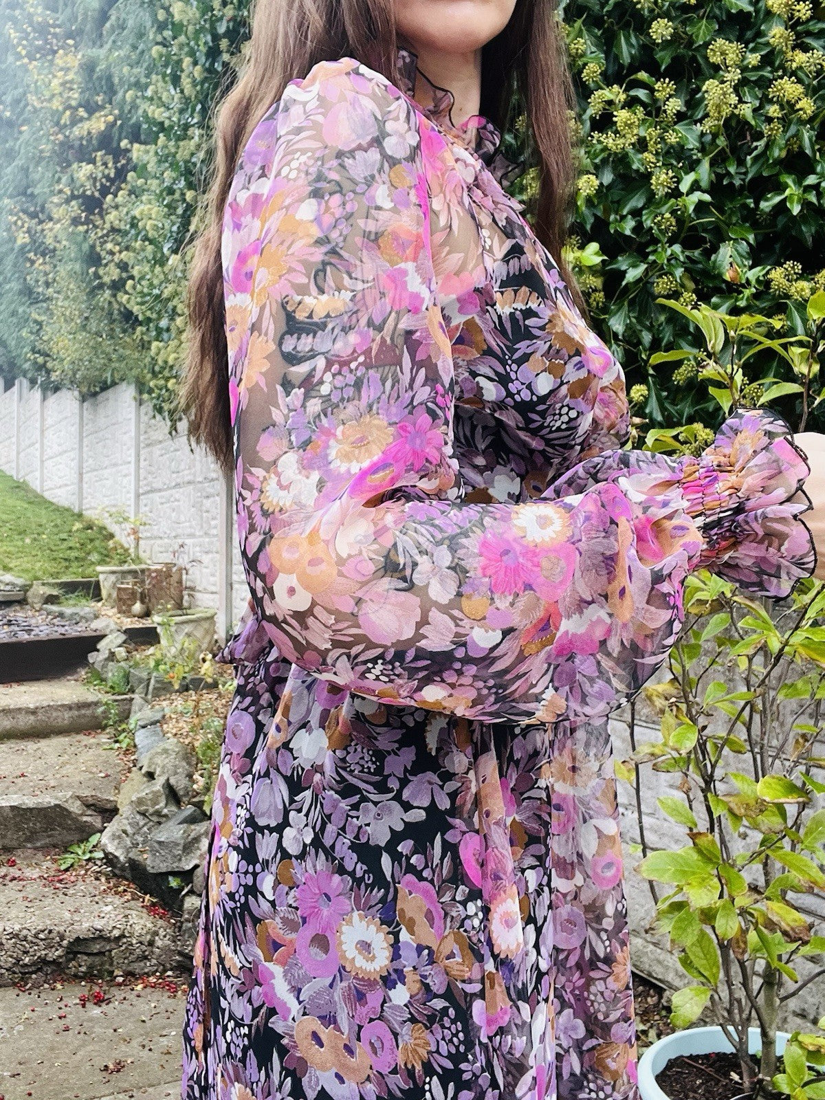 Vintage 1970s Maxi Dress Size 8 By Vera Mont Long Sleeve Floral Frilly High Neck