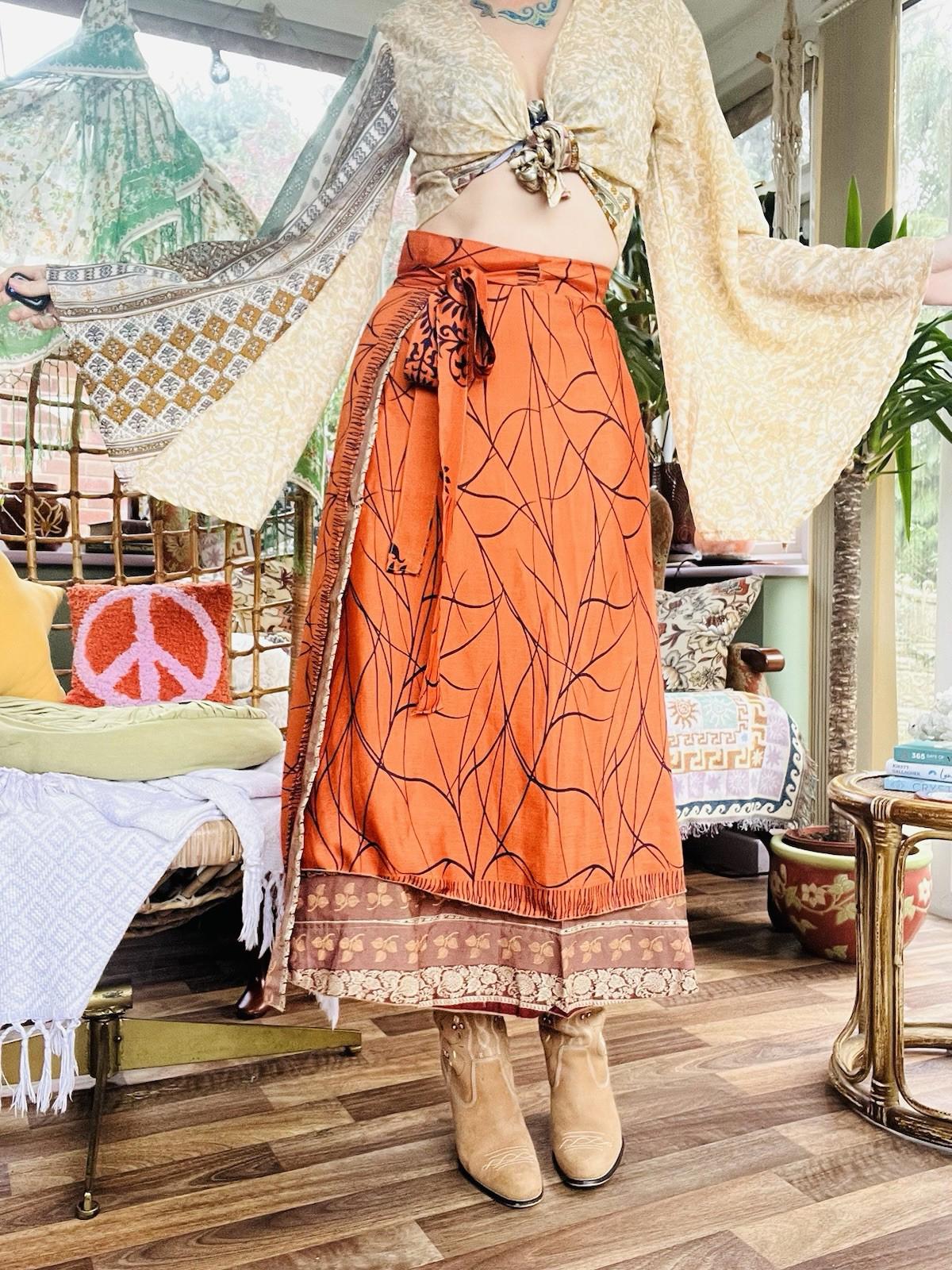 Layered Hippie Maxi Skirt Vintage Sari Silk Hippie Boho Long Gypsy Wrap Skirt
