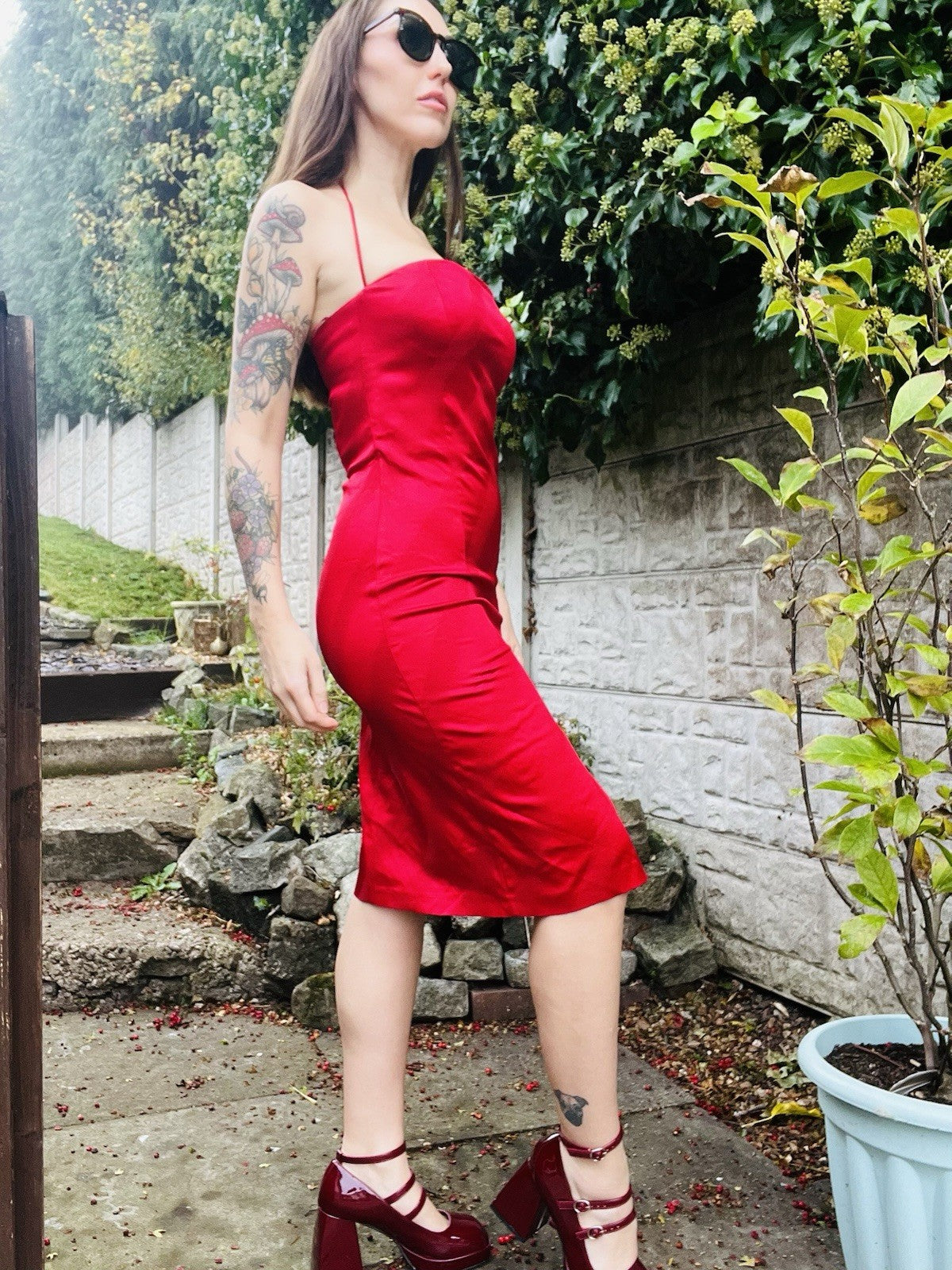 Vintage 90s Pencil Dress Red Size 10 By Klementi Fitted Dress With Thigh Split