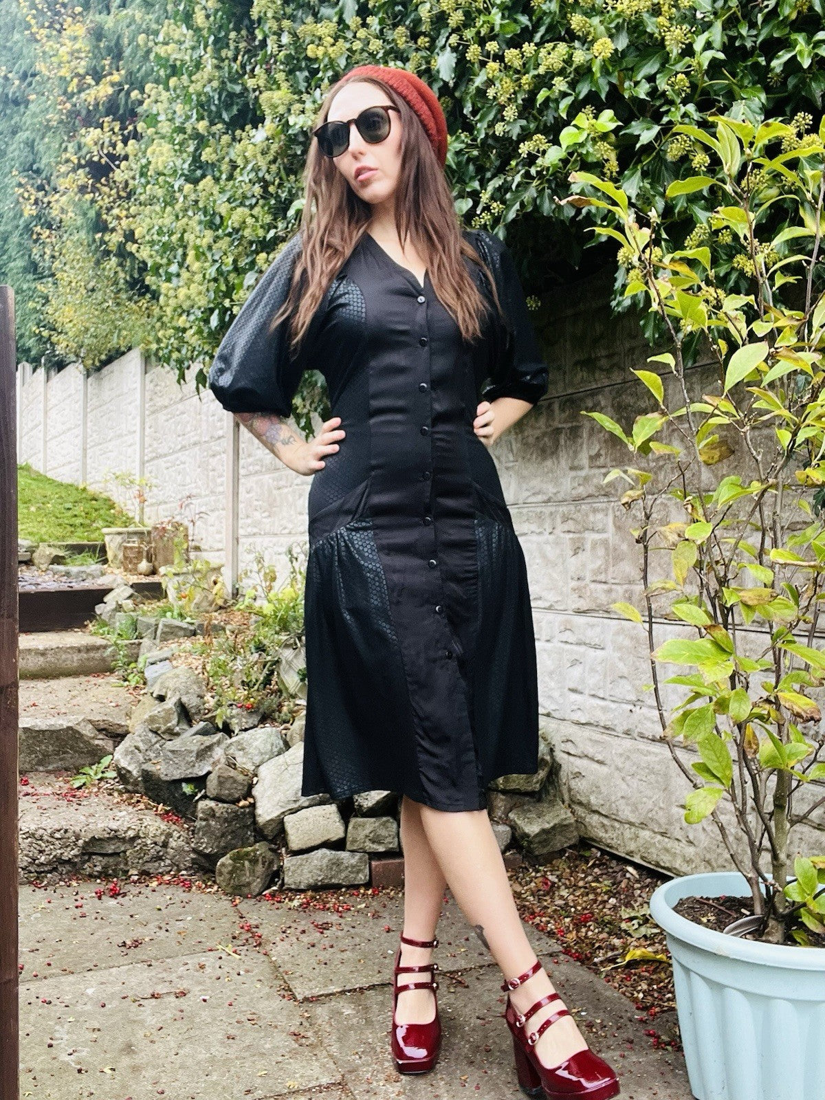 Vintage 80s Party Dress Black Size 8 10 By Potz Braulein Drop Waist Puff Sleeves