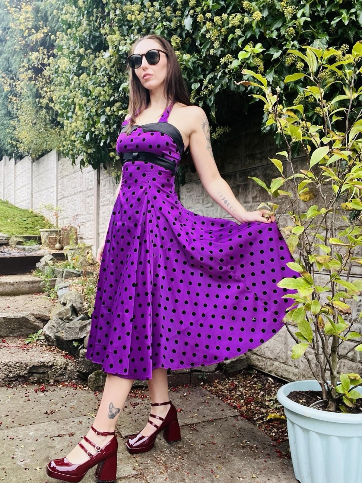 Vintage 1980s Swing Dress Purple Size 8 1850s Style Polkadot Midi Dress