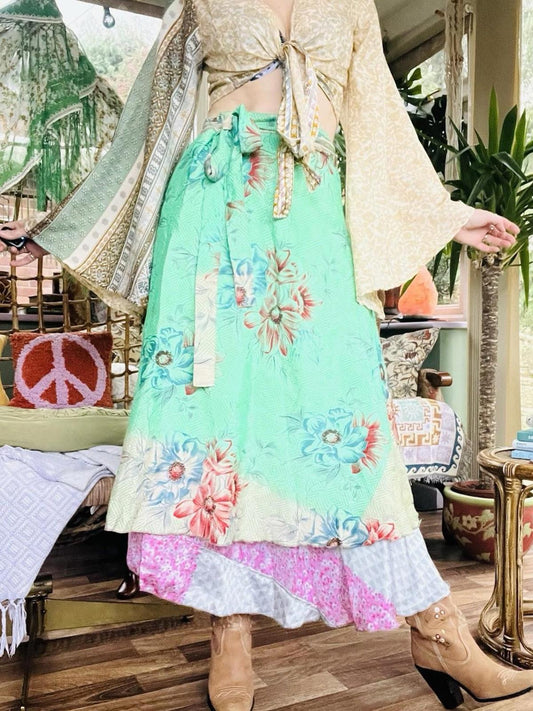 Layered Hippie Maxi Skirt Vintage Sari Silk Hippie Boho Long Gypsy Wrap Skirt