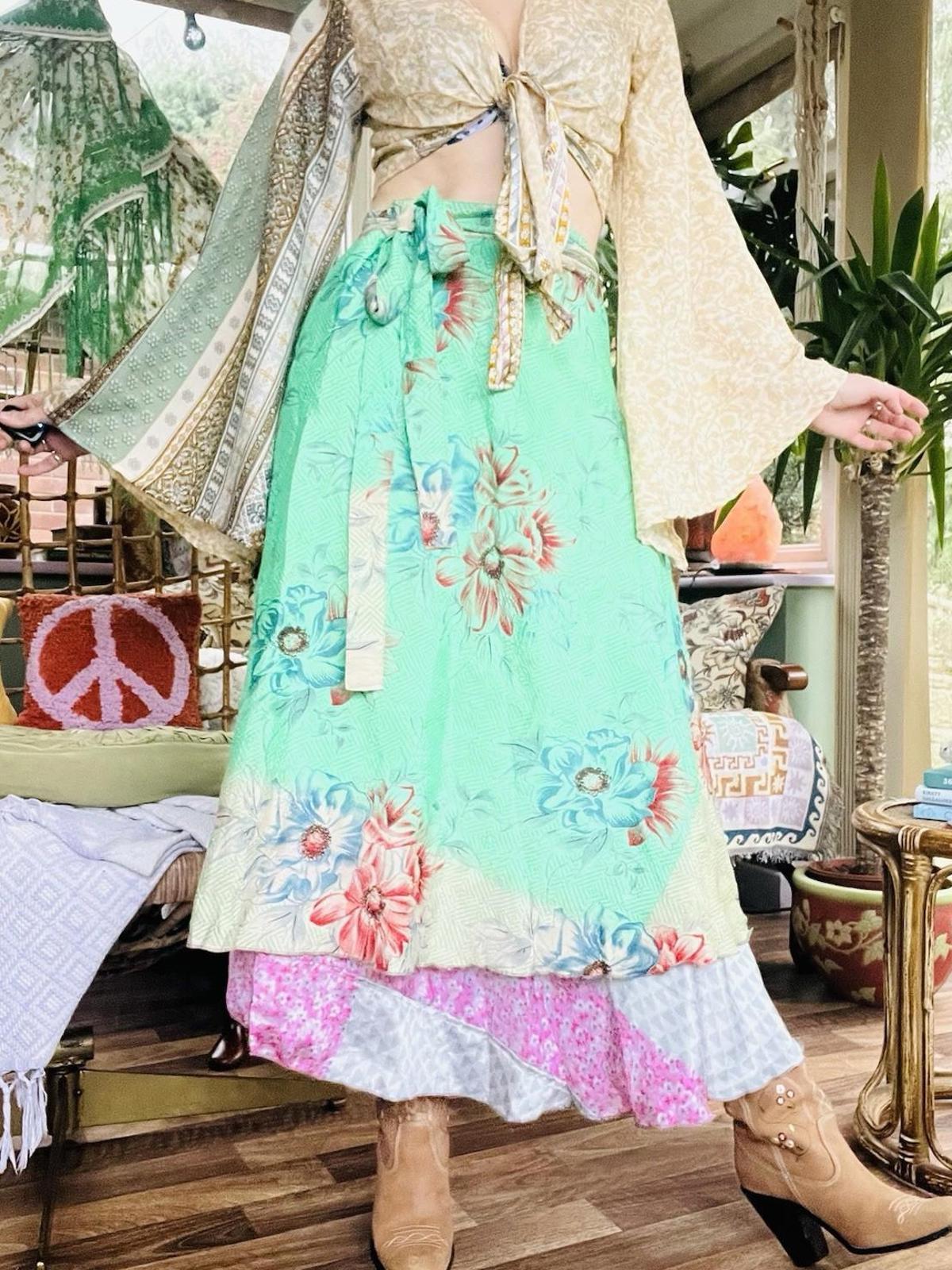 Layered Hippie Maxi Skirt Vintage Sari Silk Hippie Boho Long Gypsy Wrap Skirt