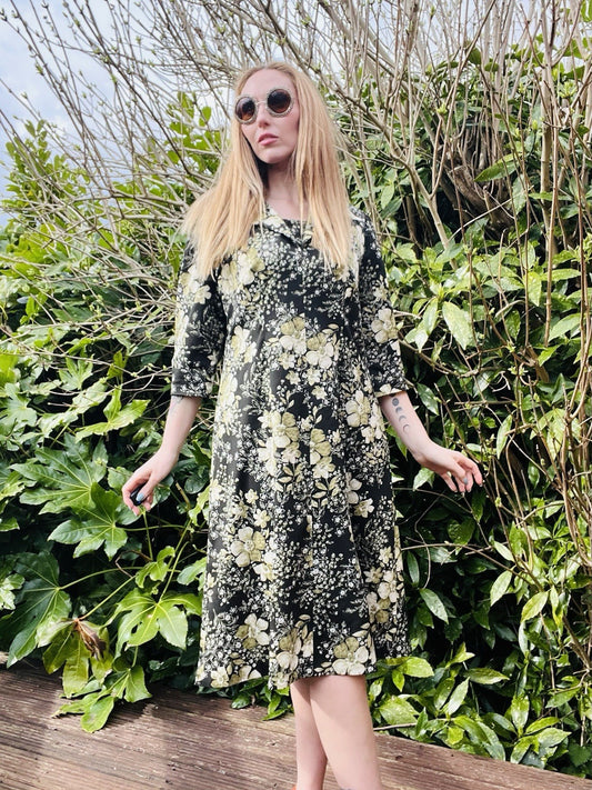 Vintage 1960s Shirt Dress Midi Length Floral Collared Summer Dress Size 18