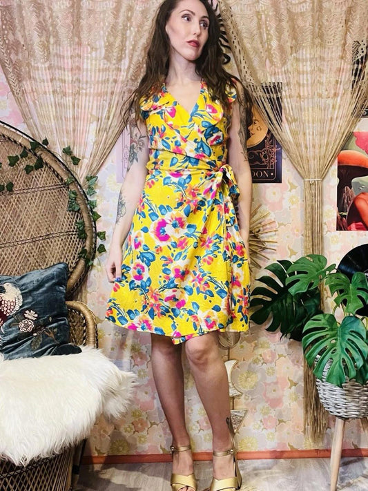 Vintage Summer Floral Dress Short Wrap Dress With Collar Bold Yellow Print 8 10