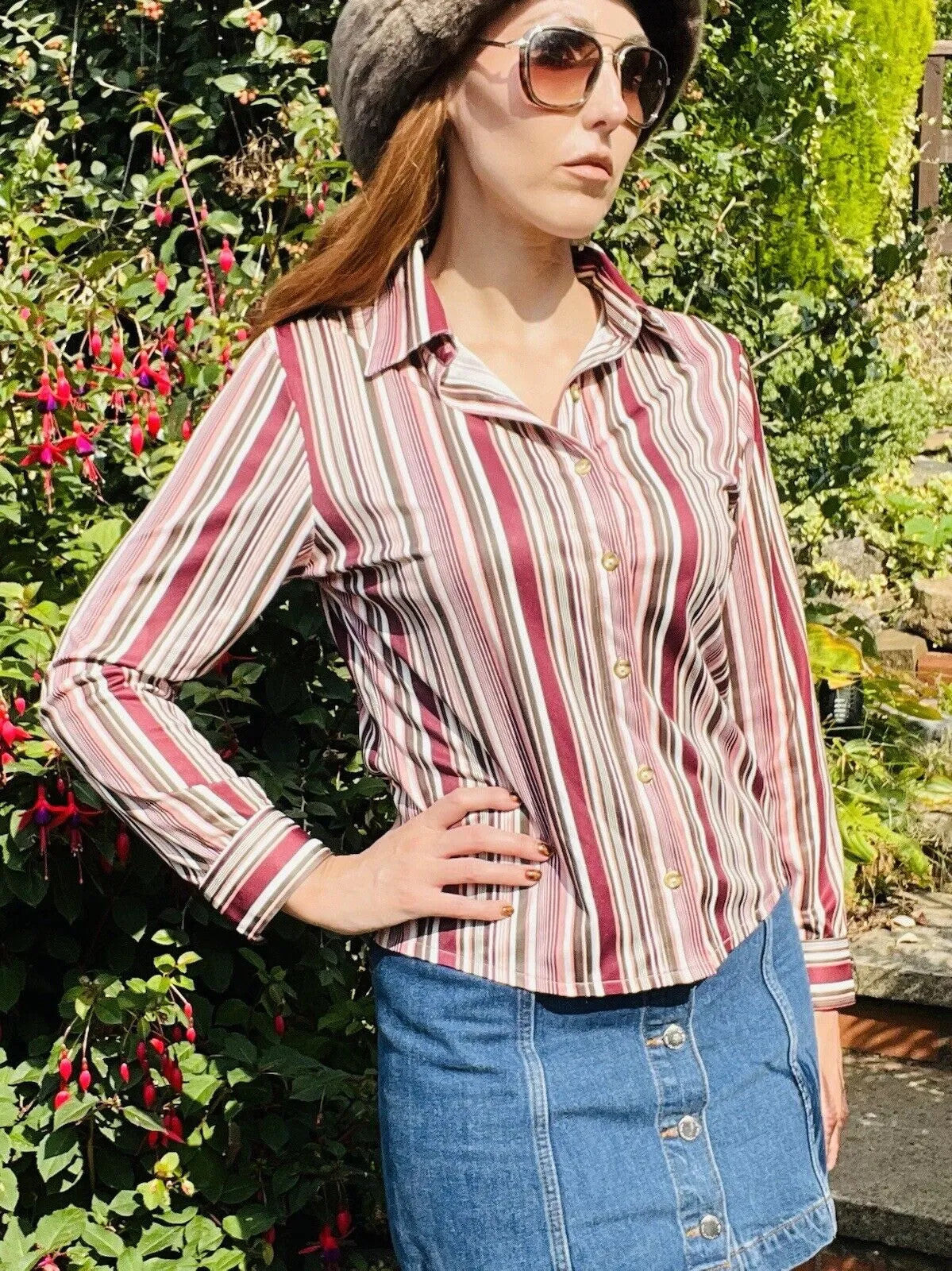vintage striped shirt Size 10 12 Striped retro blouse by Areacode Pink Purple