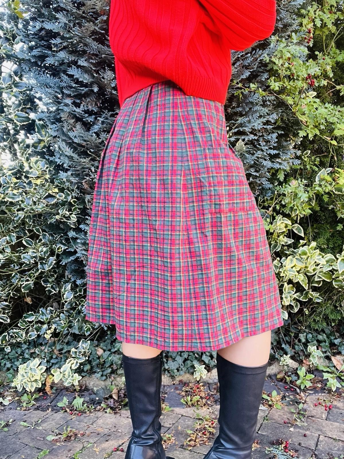Vintage 1970s Tartan Skirt Plaid Scottish Style Midi Skirt With Pockets Size 12