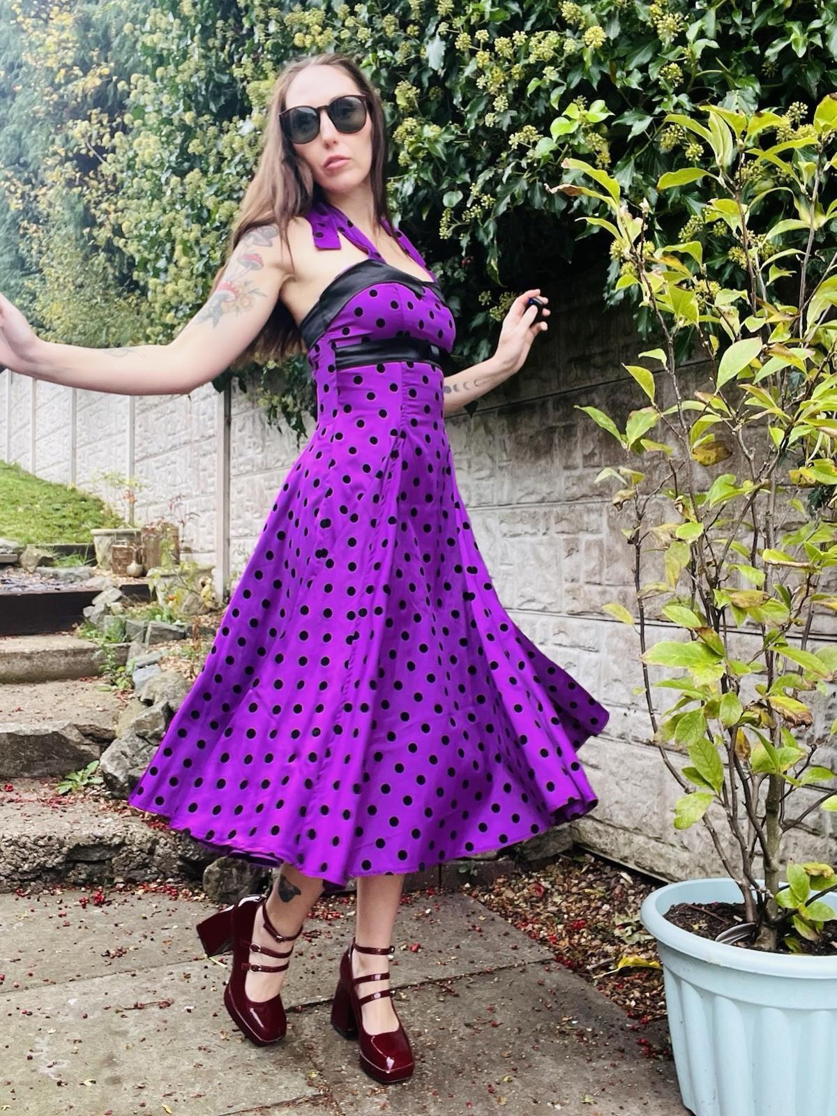 Vintage 1980s Swing Dress Purple Size 8 1850s Style Polkadot Midi Dress