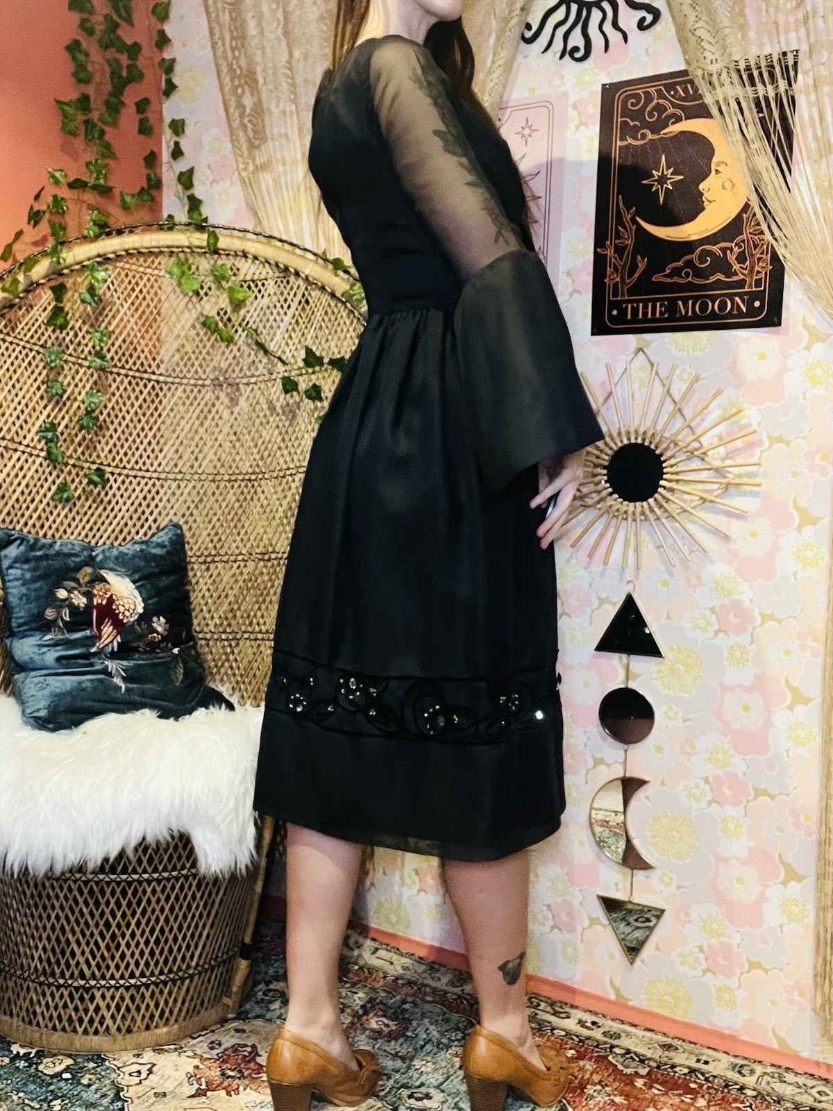 Vintage 90s Party Dress Black S 8 By Vera Mont Whimsigoth  Star Flared Sleeves