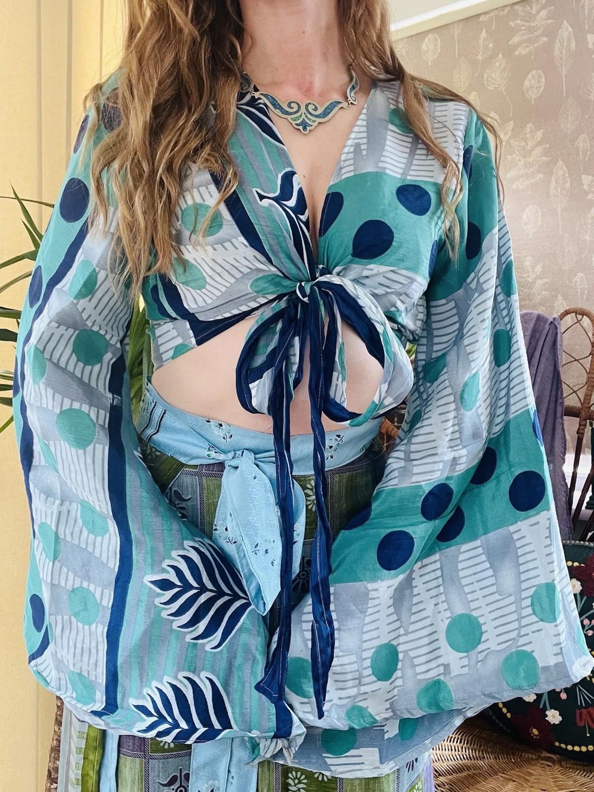 Flared Sleeve Top Vintage Silk Hippie Boho Bell Sleeved Wrap Top Gypsy Bolero