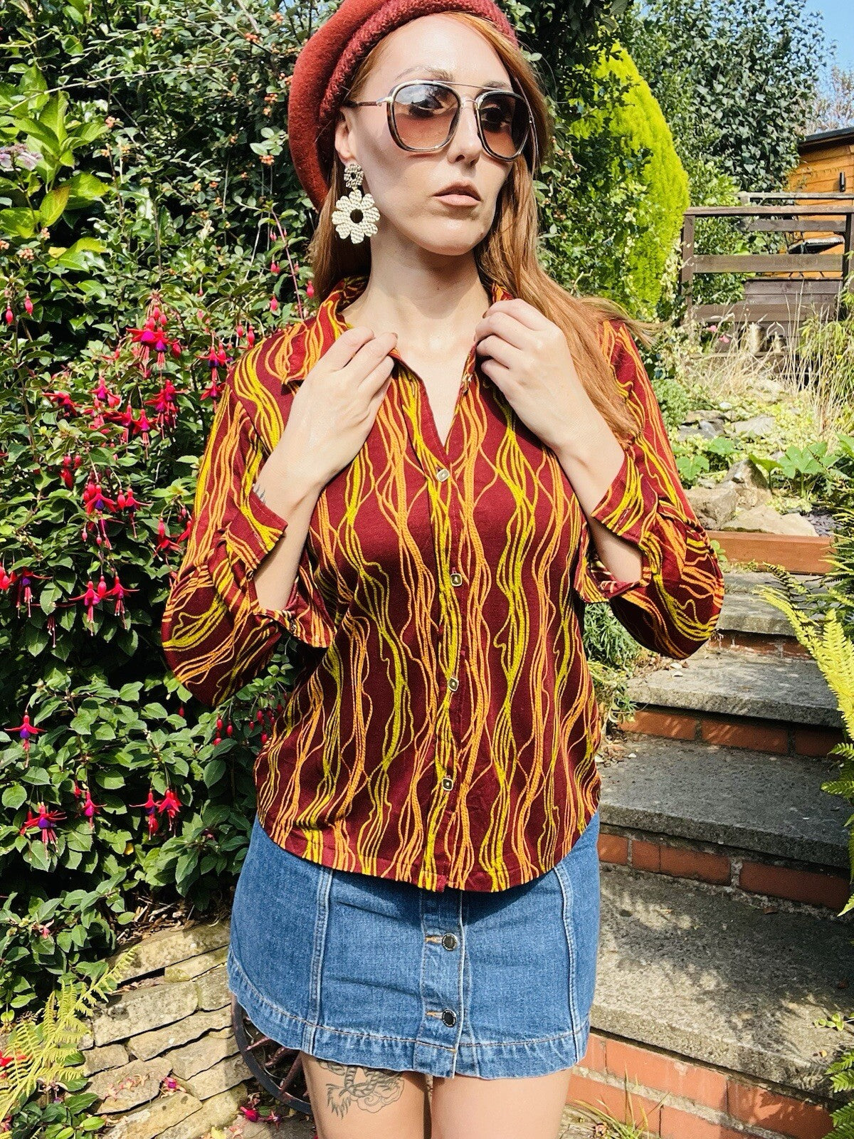 Vintage 1980s Abstract Blouse Burgundy Red Long Sleeve Retro Shirt Size 14