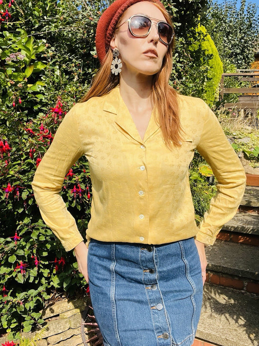 Vintage Blouse Bold Retro Print Collared Shirt Casual Or Formal Office Workwear