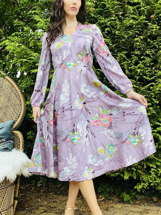 Vintage 1970s Tea Dress, Long Sleeve Floral Midi Length - Lilac Size 12