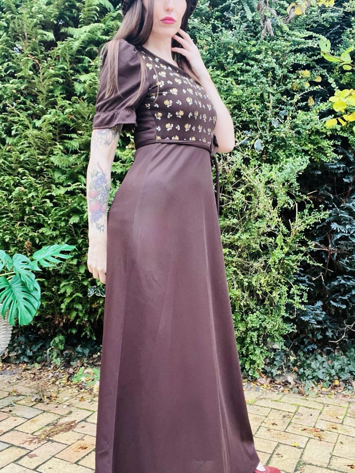 Vintage 1960s Maxi Dress Size 10 Brown With Tie Waist And Retro Gold Detail