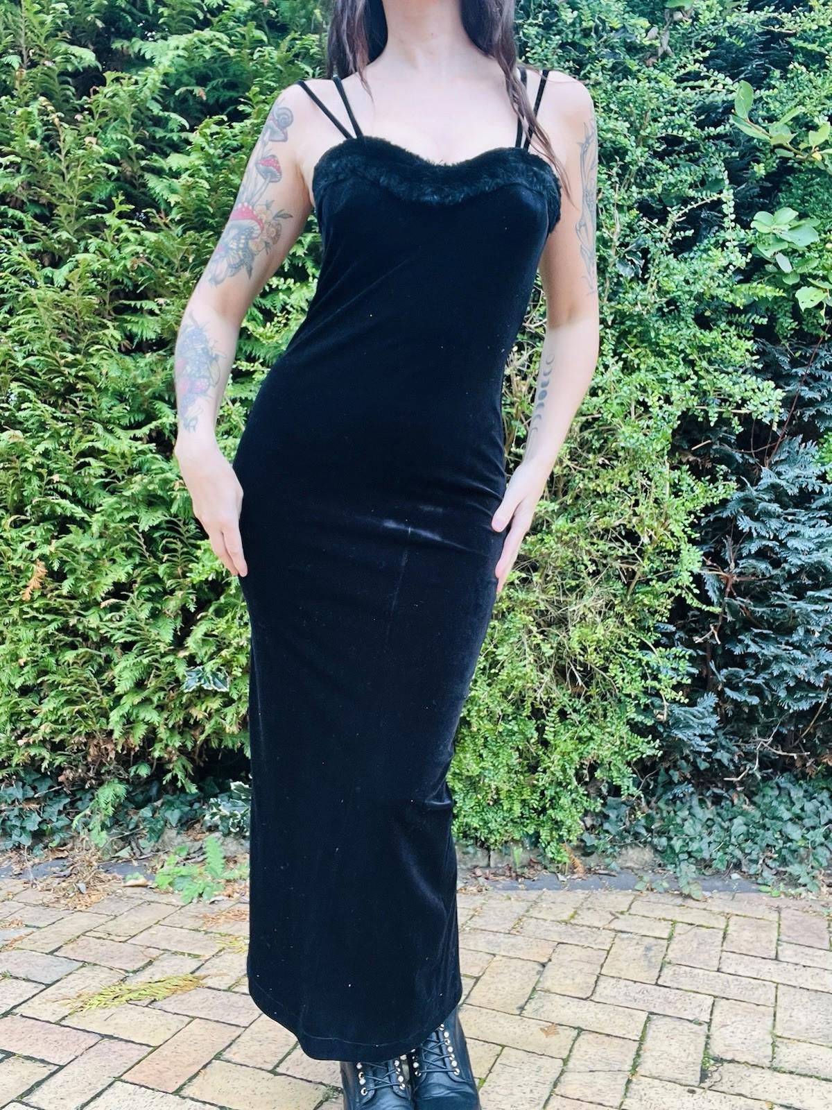 Vintage 1990s Velvet Dress With Fluffy Trim Pencil Wiggle Dress By El-KA 10