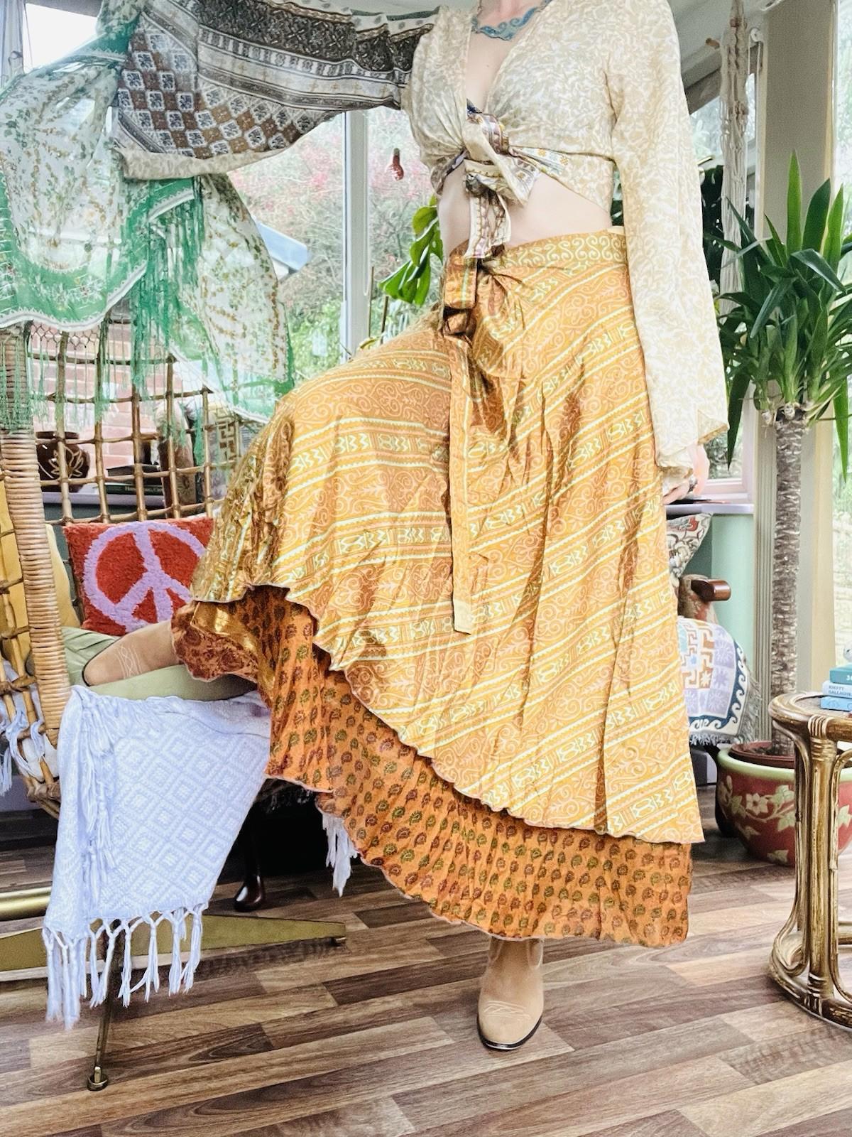 Layered Hippie Maxi Skirt Vintage Sari Silk Hippie Boho Long Gypsy Wrap Skirt