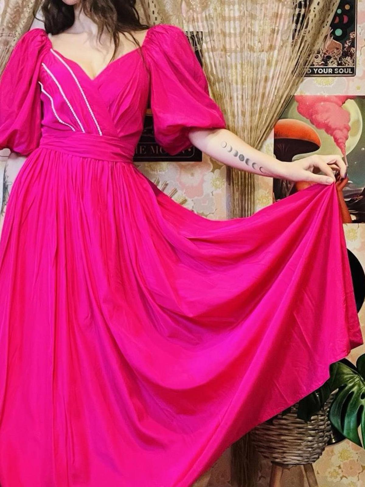 Vintage 1980s Puff Sleeve Dress And Tie Waist Hot Pink Cocktail Gown Size 8