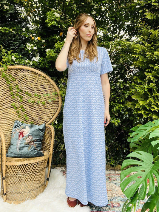 Vintage 1960s Maxi Dress Empire Waist Short Sleeve Long Summer Dress Blue 14