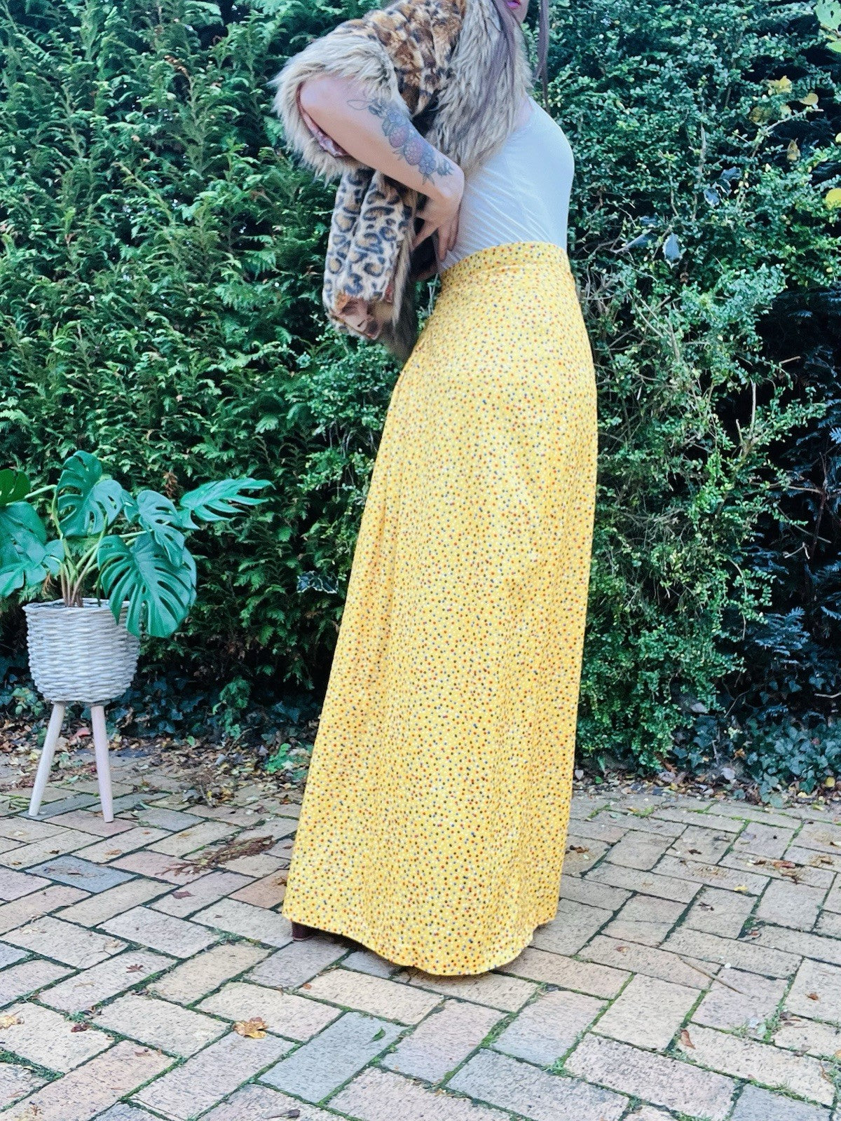 Vintage 60s Maxi Size 10 Yellow Long Polkadot Retro 1960s Skirt High Waist