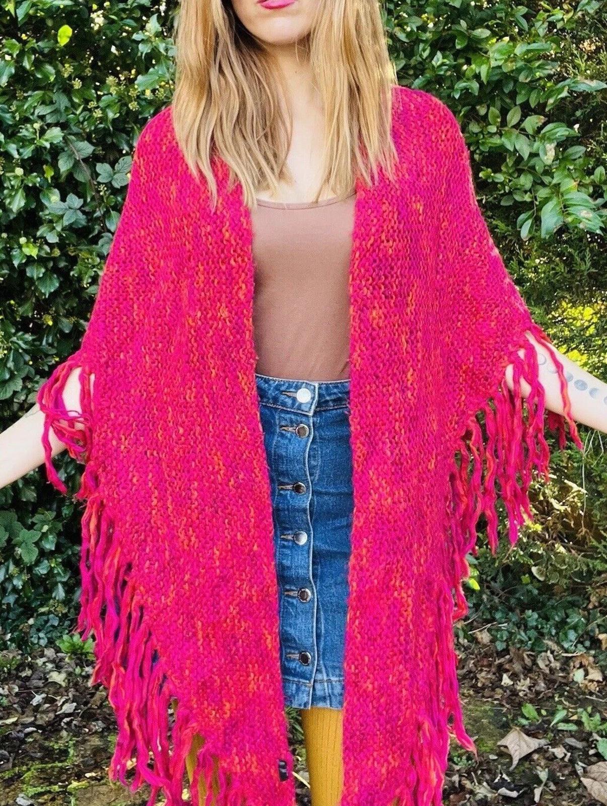 Vintage Knit Crochet Shawl Hippie Boho Triangle Wrap Cape Cottage Whimsy Scarf