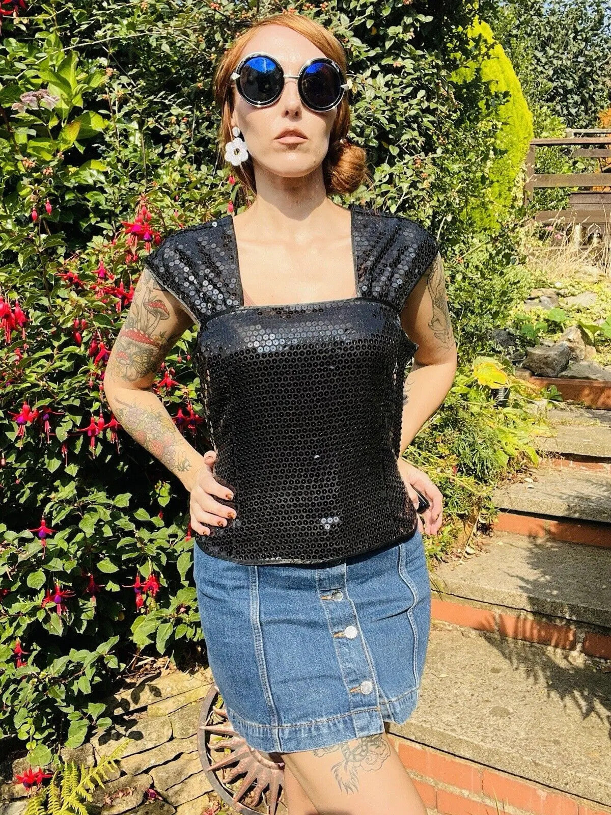 Vintage 80s Sequin Top 16 Black Sparkly Evening Tank Vest Top Sleeveless Cami