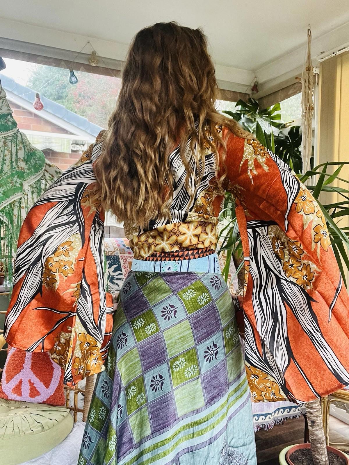 Flared Sleeve Top Vintage Silk Hippie Boho Bell Sleeved Wrap Top Gypsy Bolero