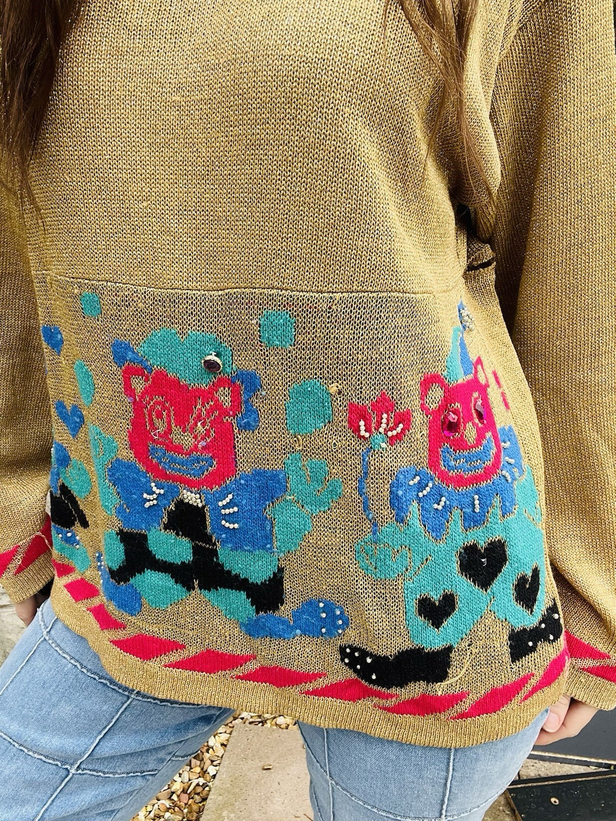 Vintage 80s Knit Jumper Sparkly Gold Size 14 To 16 Retro 1980s Teddy Sweater