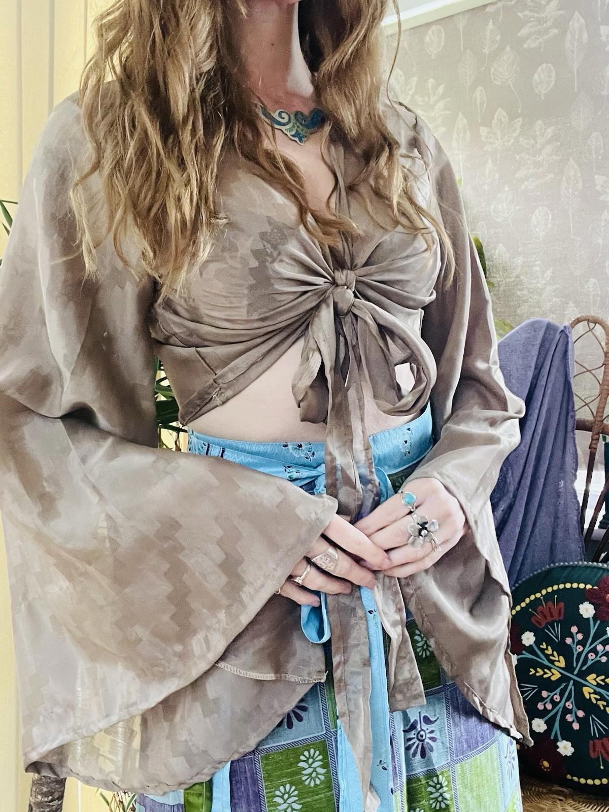 Flared Sleeve Top Vintage Silk Hippie Boho Bell Sleeved Wrap Top Gypsy Bolero