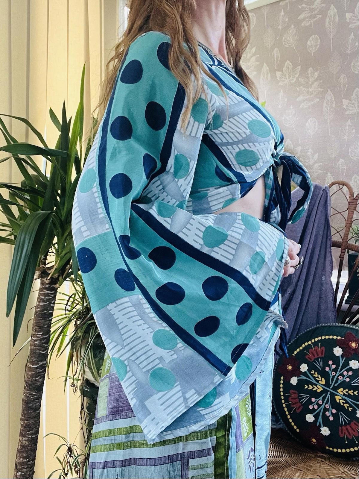 Flared Sleeve Top Vintage Silk Hippie Boho Bell Sleeved Wrap Top Gypsy Bolero