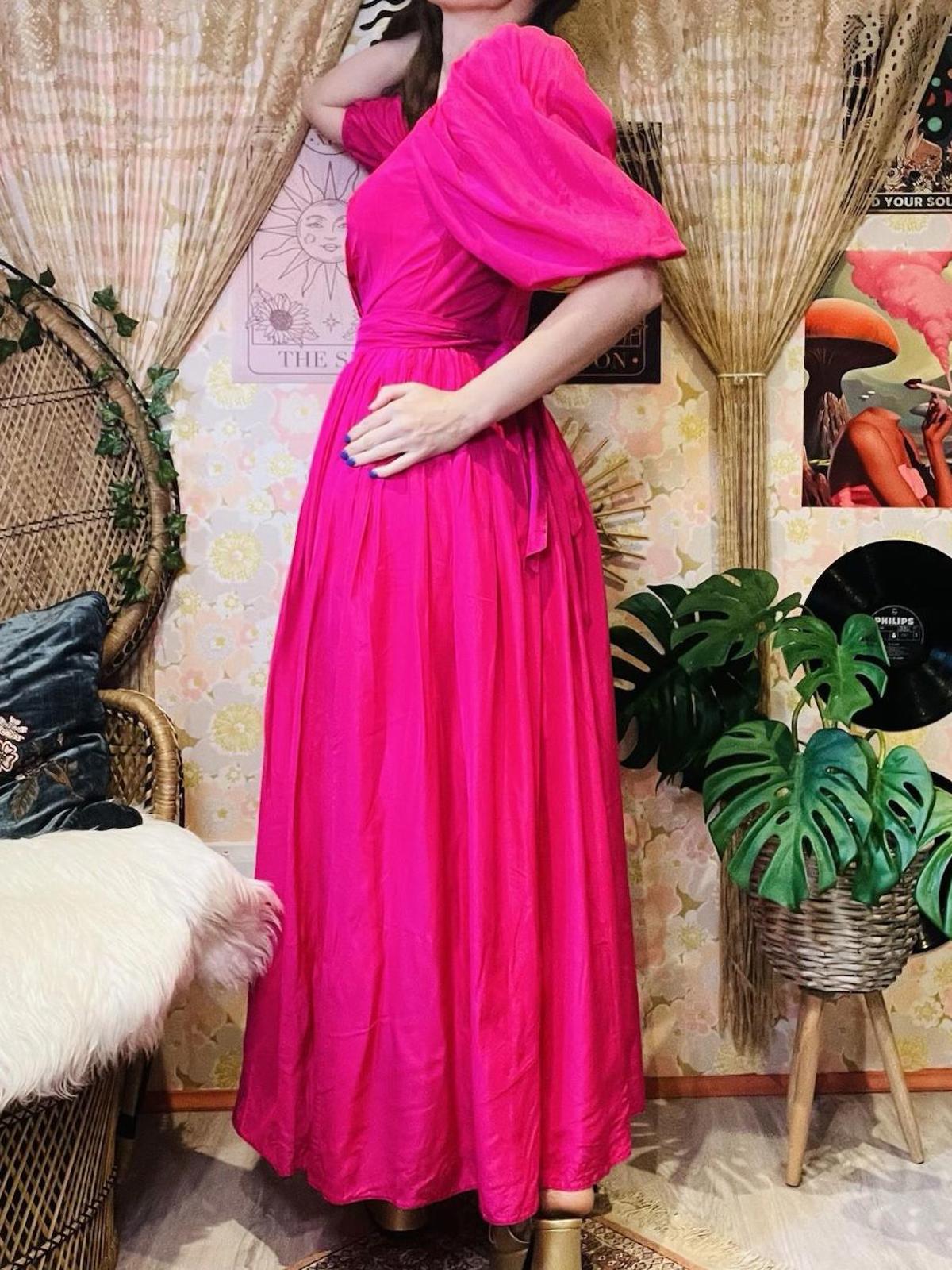 Vintage 1980s Puff Sleeve Dress And Tie Waist Hot Pink Cocktail Gown Size 8