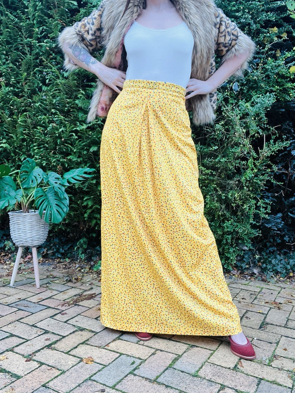 Vintage 60s Maxi Size 10 Yellow Long Polkadot Retro 1960s Skirt High Waist