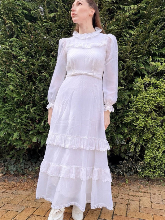 Vintage 1970s Prairie Dress Frilly Maxi Long Sleeve Fairycore Cottage White S 6