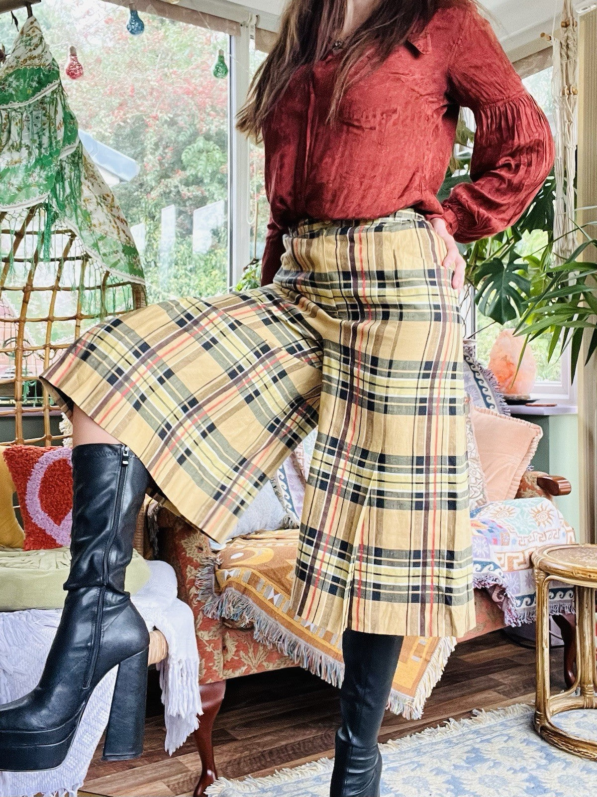 Vintage Tartan Culottes, Check Plaid Long Wide Leg Shorts By Eva Donna Size 8