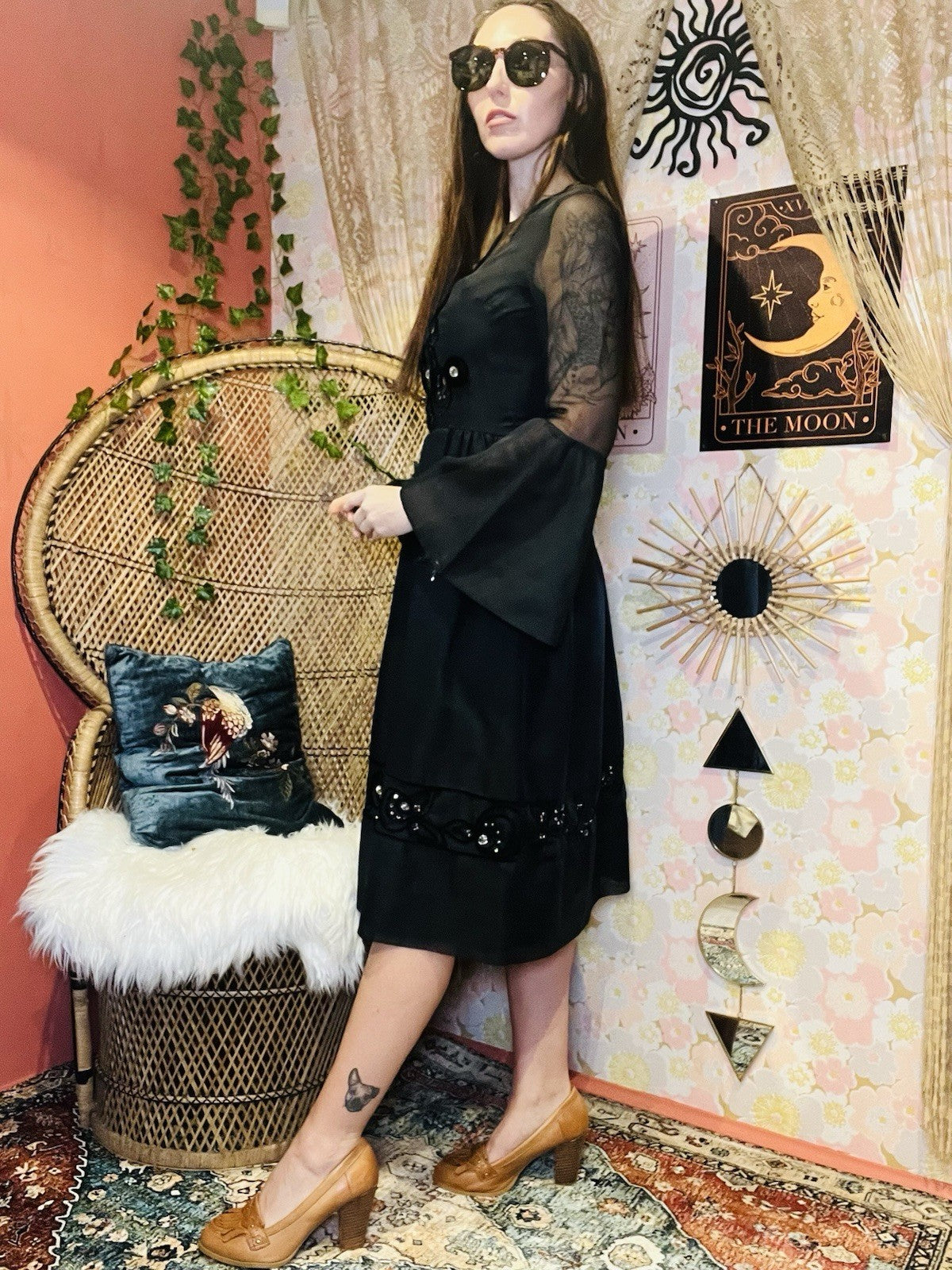 Vintage 90s Party Dress Black S 8 By Vera Mont Whimsigoth  Star Flared Sleeves