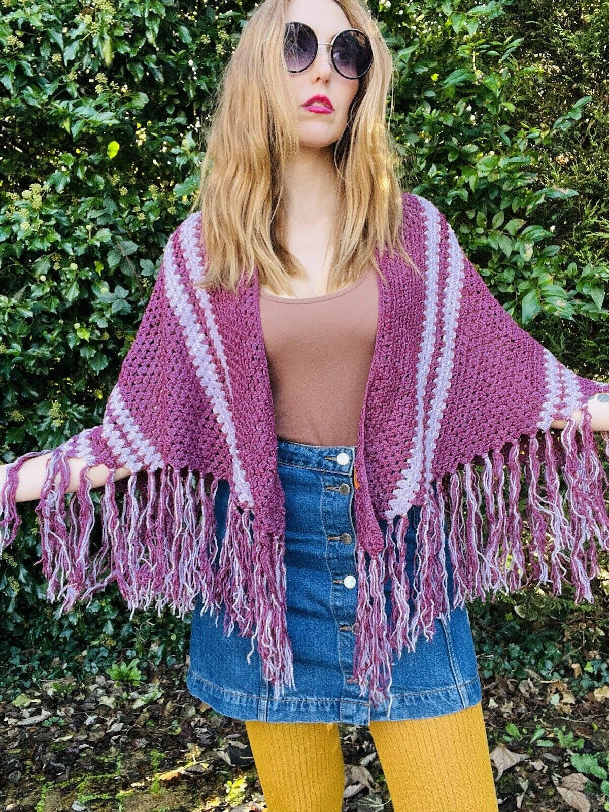 Vintage Knit Crochet Shawl Hippie Boho Triangle Wrap Cape Cottage Whimsy Scarf
