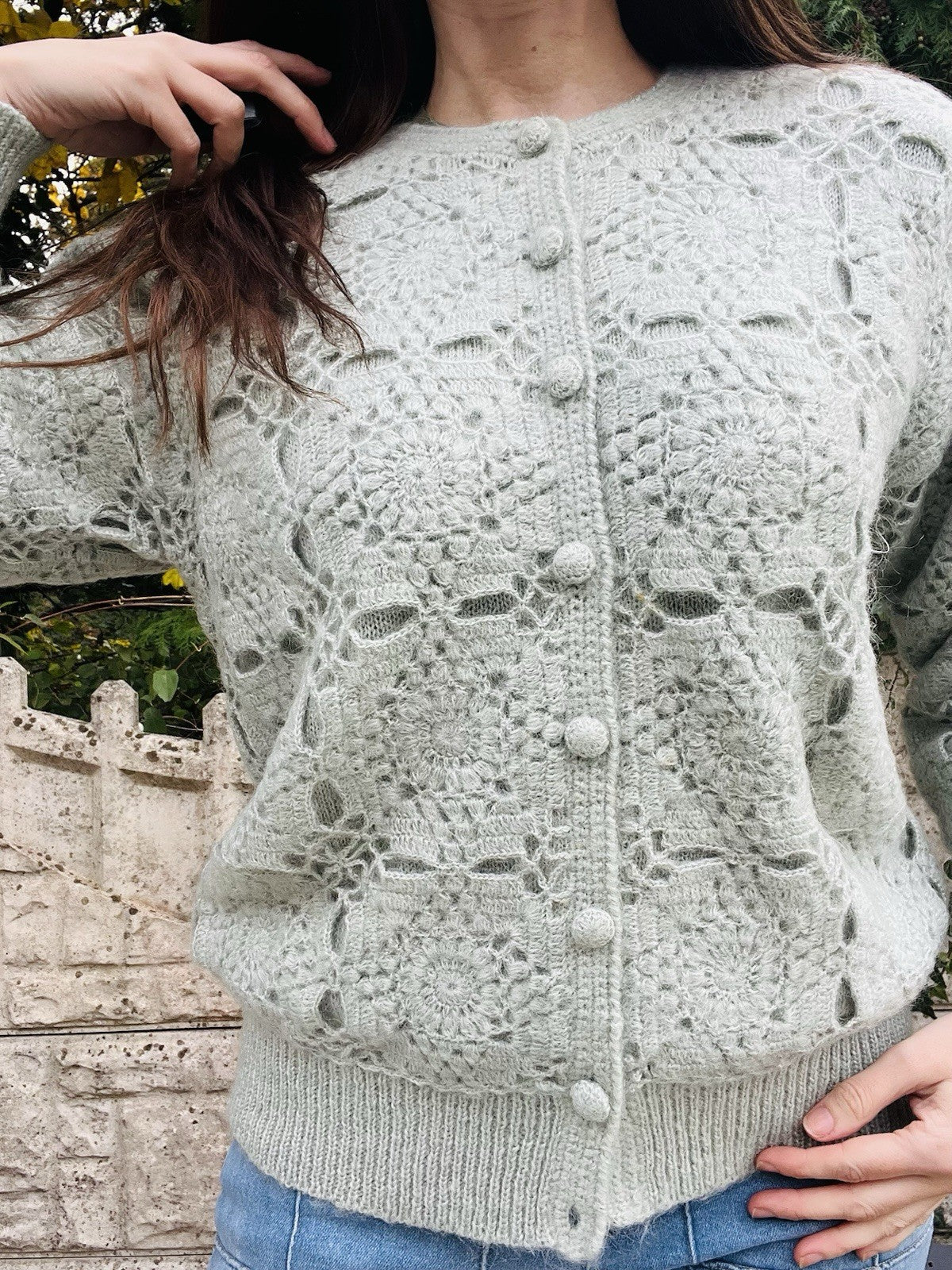 Vintage Crochet Cardigan Green Size 10-12 M By Precise Boho Cottagecore Jumper