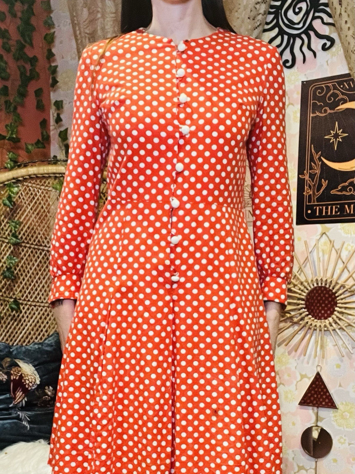 Vintage 60s Day Dress Size 12 Red Retro 1960s Polkadot Long Sleeve Pleated