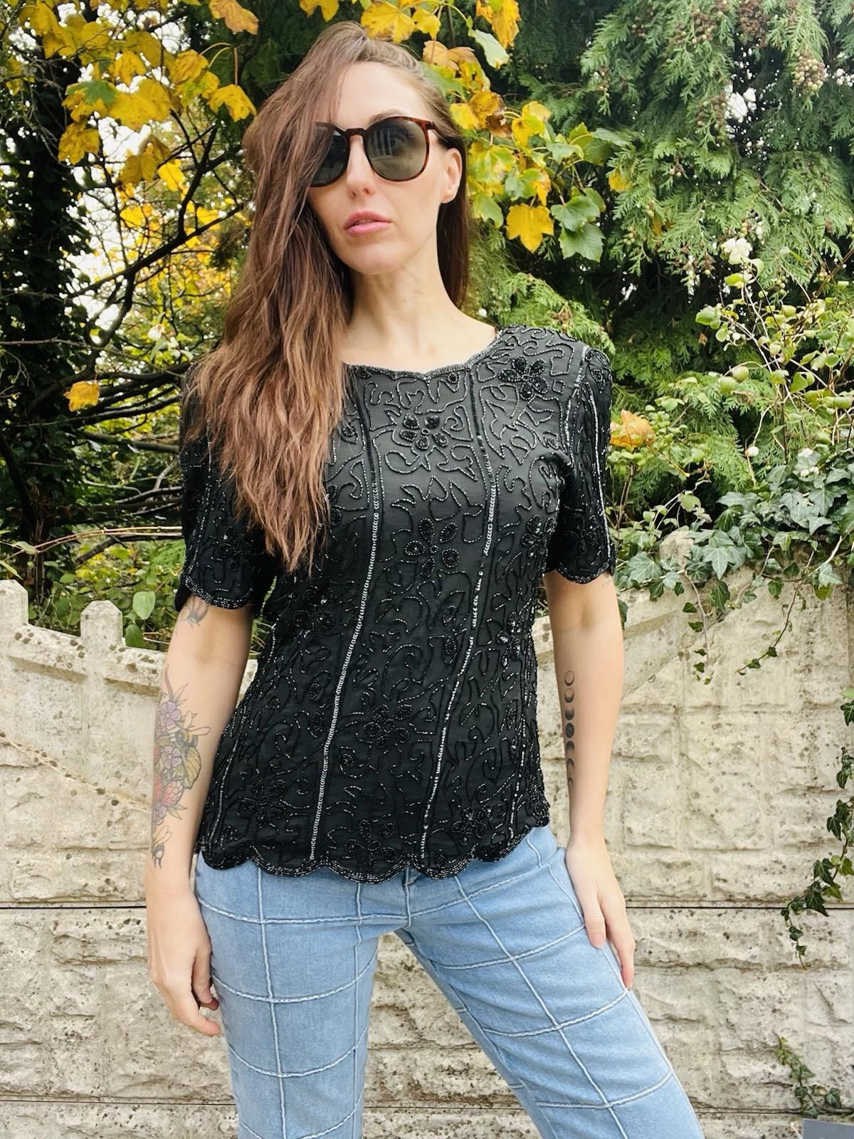 Vintage 1980s Beaded Top Size 14 Black Silk Embellished Sparkly Going Out Blouse