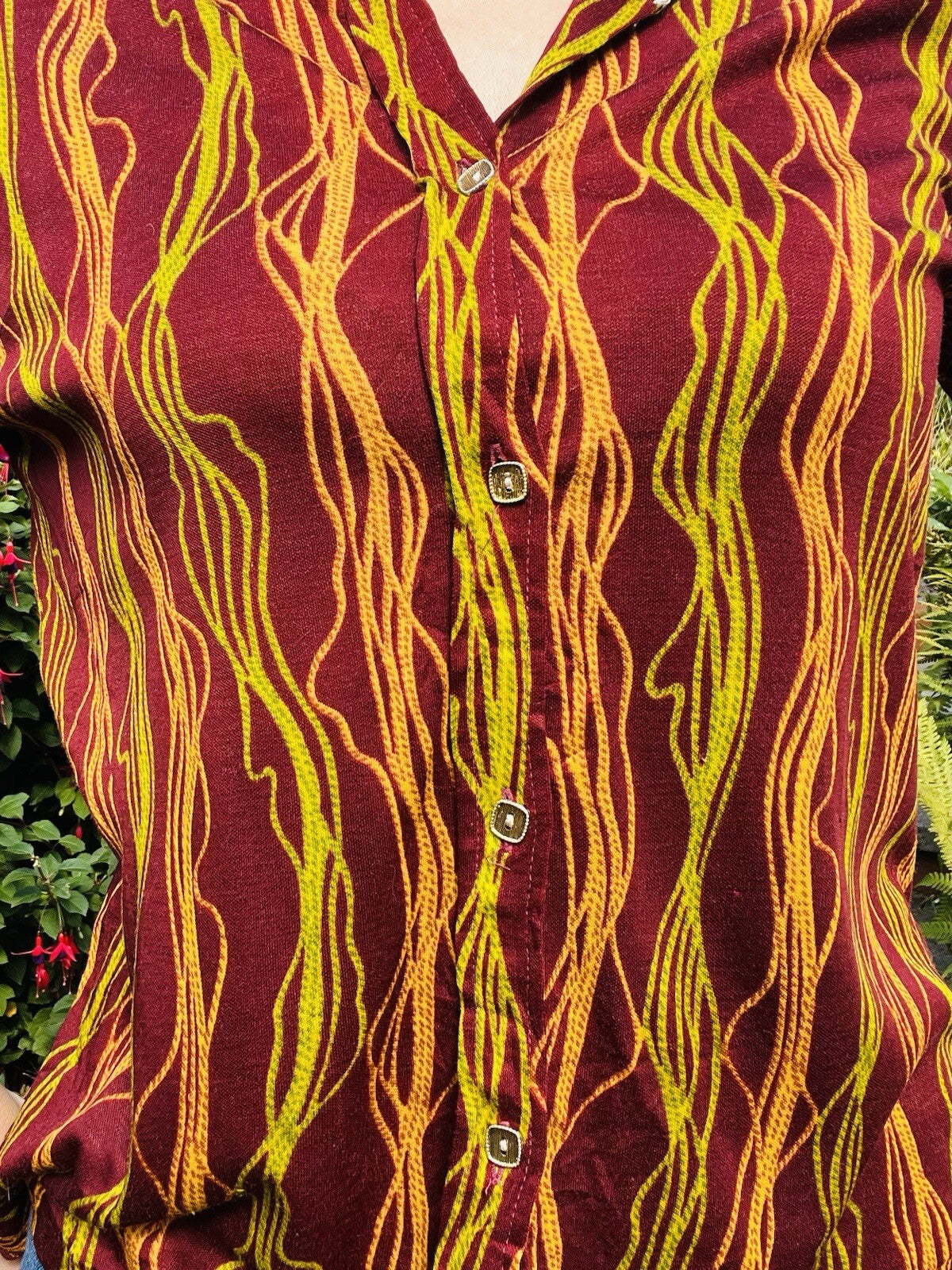 Vintage 1980s Abstract Blouse Burgundy Red Long Sleeve Retro Shirt Size 14