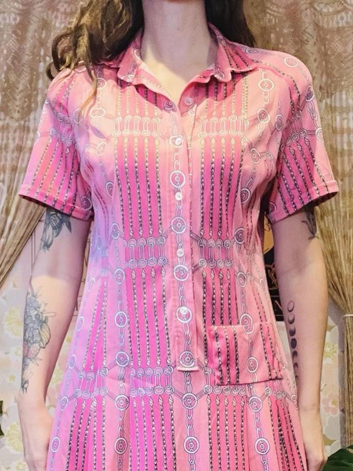 Vintage 1960s Shirt Dress Pleated With Buttons Short Sleeves Fun Retro Pink 14