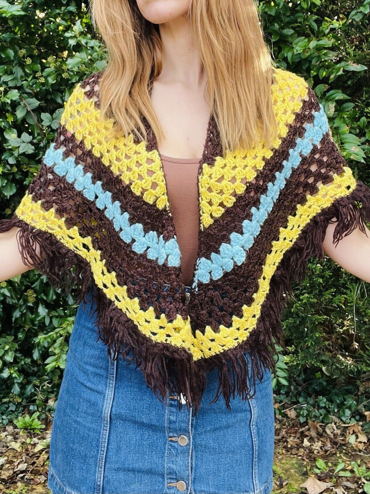 Vintage Knit Crochet Shawl Hippie Boho Triangle Wrap Cape Cottage Whimsy Scarf