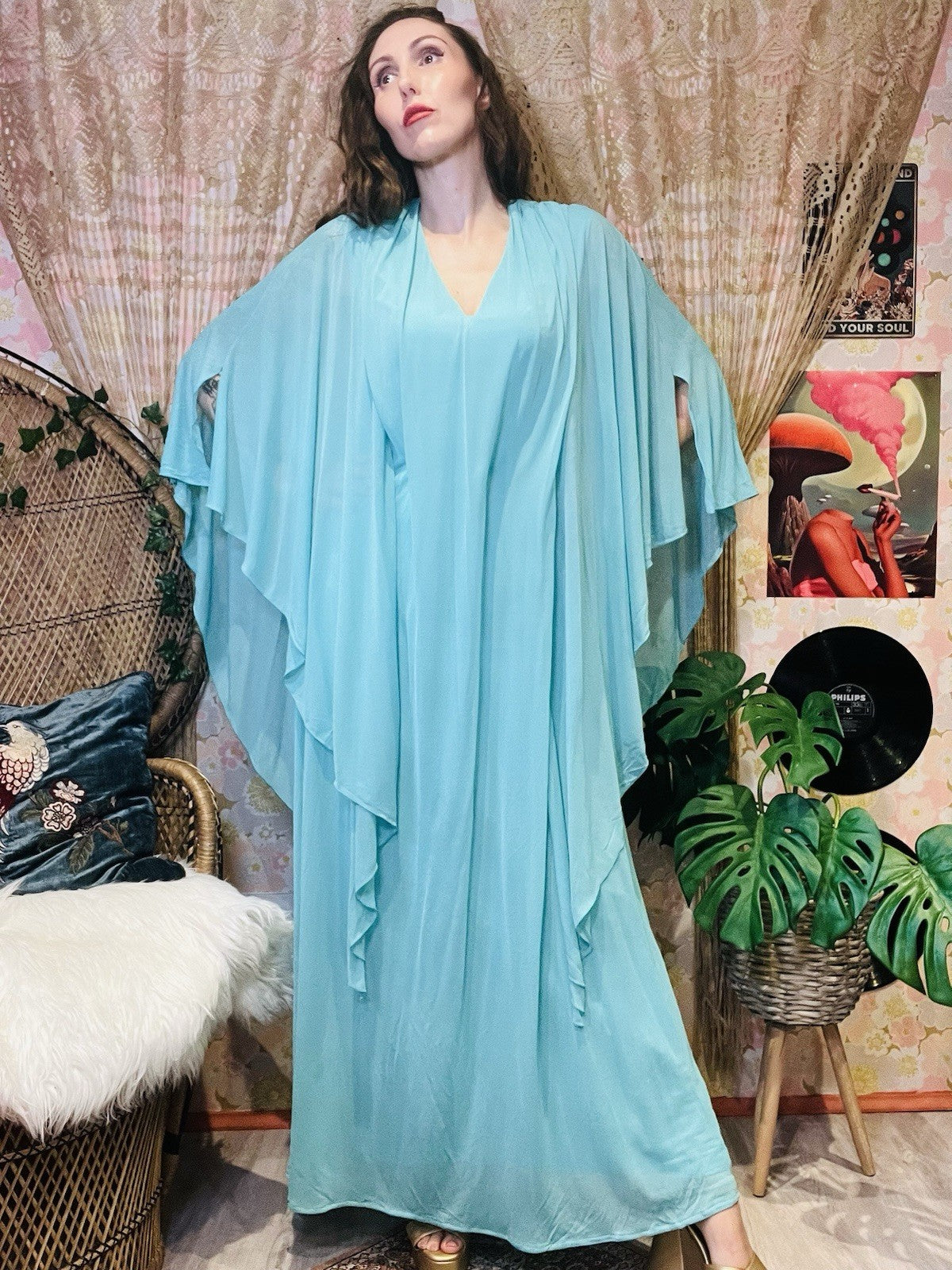 Vintage 1970s Maxi Dress Flared Angel Sleeve Floaty Layered Hippie Dress Blue 14
