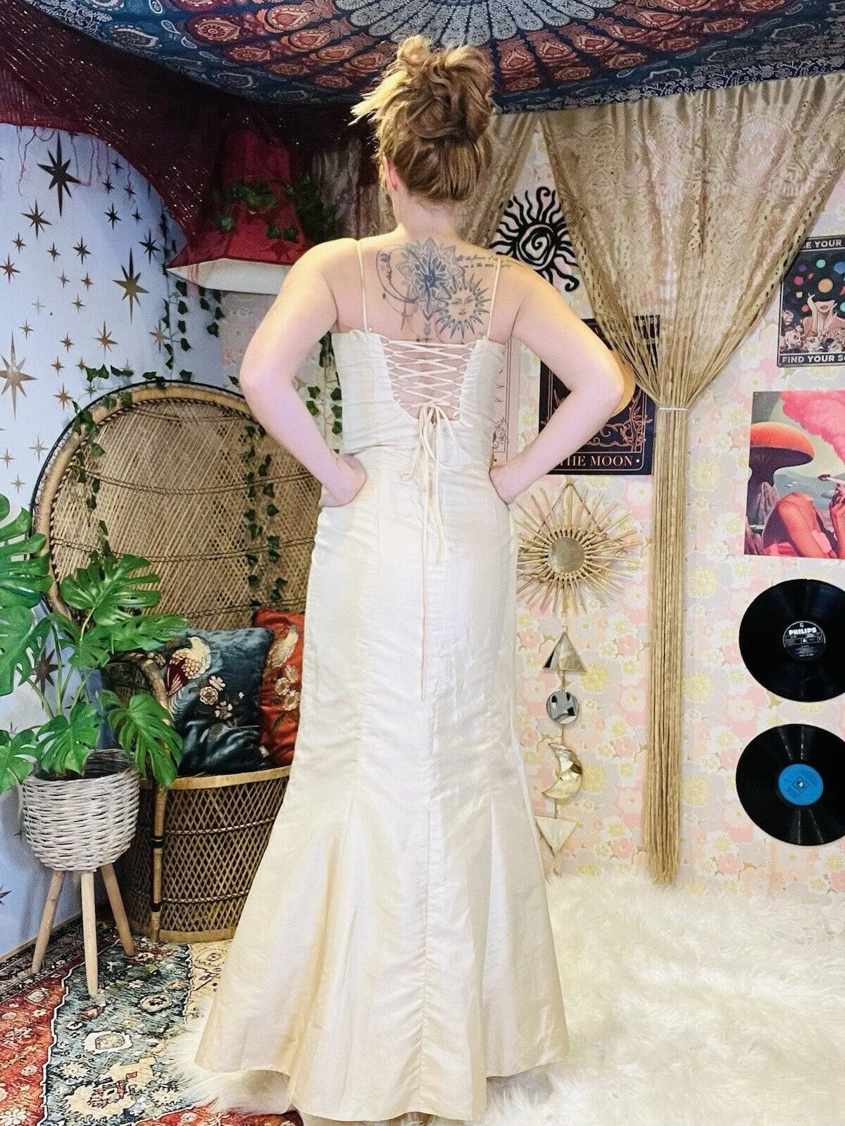 Vintage 90s Ball Gown By Prestige Ivory Cream Cocktail Dress Tie Back Size 8 10