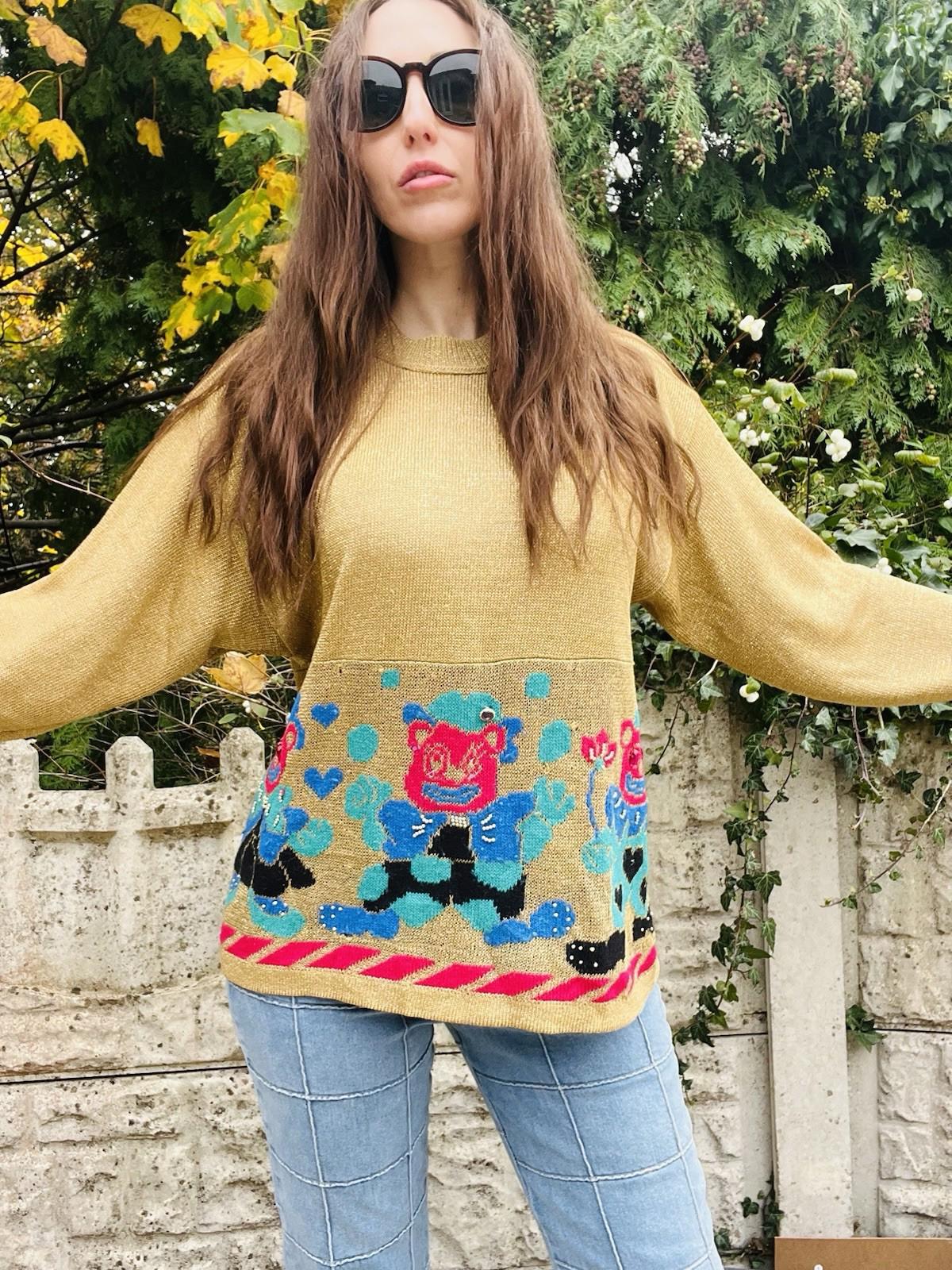 Vintage 1980s Knit Jumper Sparkly Gold Size 14 To 16 Retro 1980s Teddy Sweater