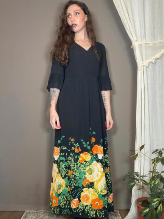 Vintage 1970s Maxi Dress By Vera Mont Cottagecore Floral with Flares Sleeves S 8