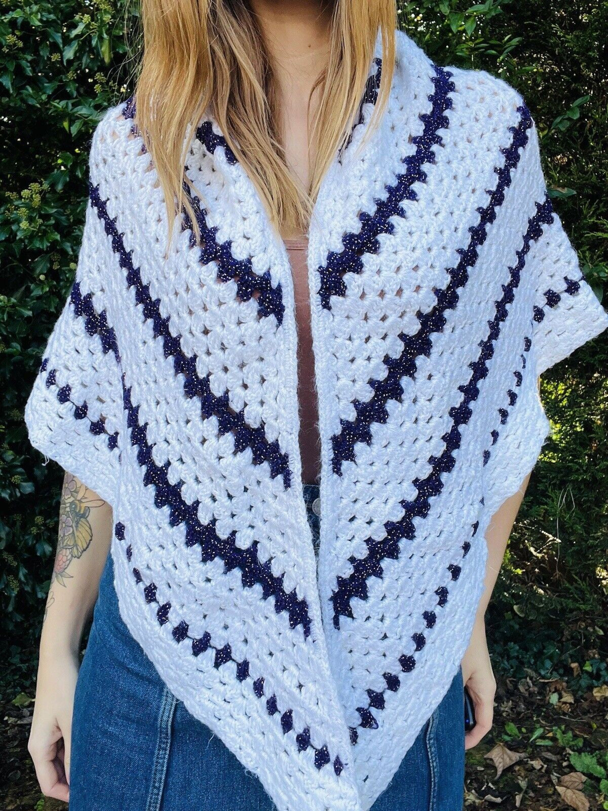 Vintage Knit Crochet Shawl Hippie Boho Triangle Wrap Cape Cottage Whimsy Scarf