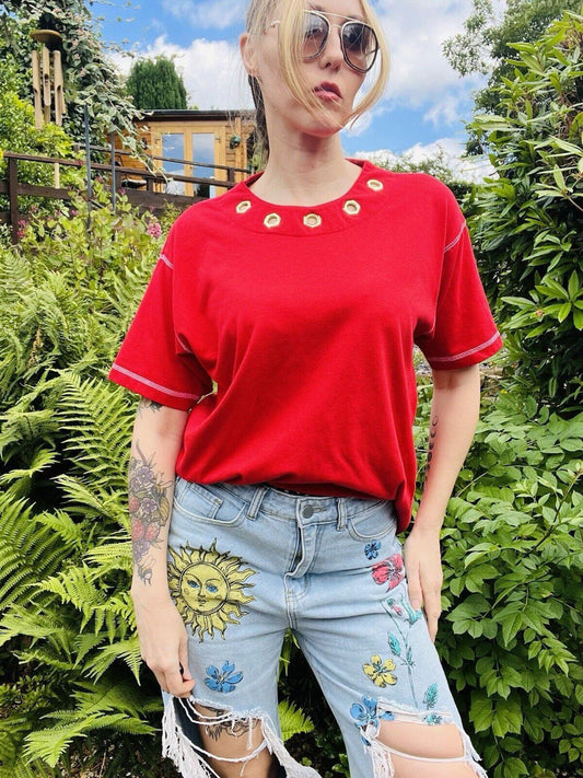 Vintage 1980s T-shirt Top By C.A.Sport With Gold Cut Out Neck Line Size 1416